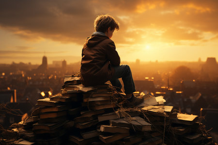 boy sitting on a stack of books at sunset, Generative AIの素材