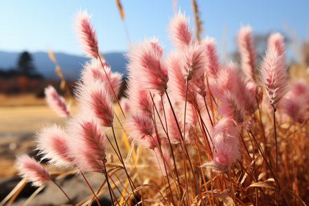 A close up of a bunch of tall peach grass. Generative AIの素材