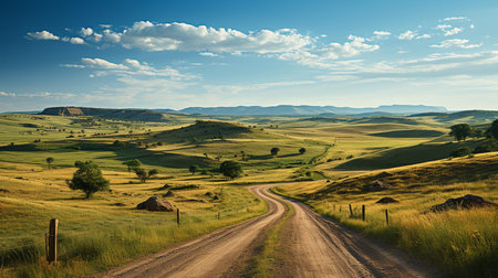 Scenic view of dirt road and grassy field, Generative AIの素材