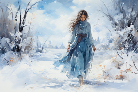 a young woman in a blue cloak dress against the backdrop of a snowy fantasy forest, Generative AIの素材