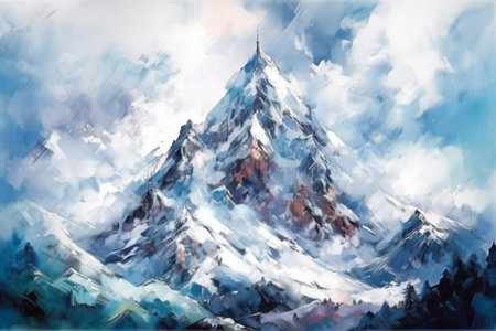 Snowy white peaks rise against the clear blue winter sky, Generative AIの素材