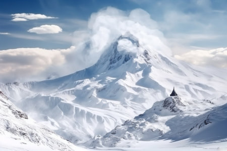 Snowy white peaks rise against the clear blue winter sky, Generative AIの素材