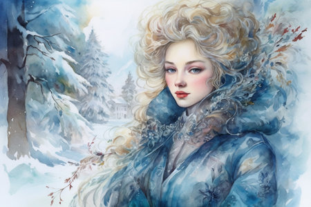 young woman against the backdrop of a snowy landscape, fantasy, Generative AIの素材