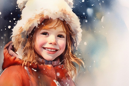 cute winter christmas portrait of a child, watercolor,Generative AIの素材