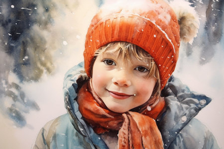 cute winter christmas portrait of a child, watercolor,Generative AIの素材