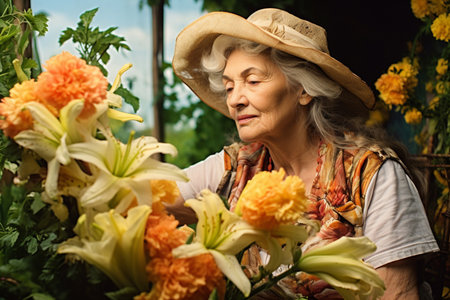 happy smiling elderly woman with flowers in the garden in summer., Generative AIの素材