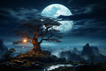 tree growing on stones against the backdrop of the moon, beautiful fantastic landscape, Generative AIの素材