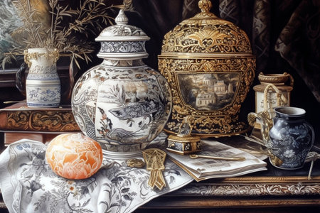 exquisite still life with bamboo and ancient porcelain, in oriental style intricate filigree, embroidery, , Generative AIの素材