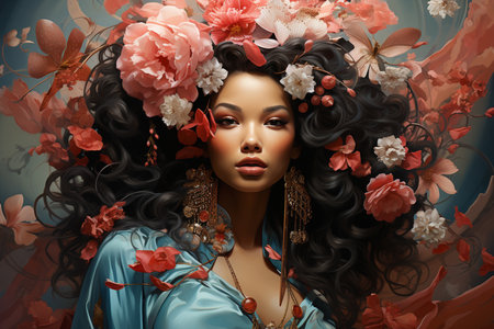 fashion portrait of a brunette with flowers in her hair, Generative AIの素材