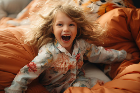 happy child jumping on bed, Generative AIの素材