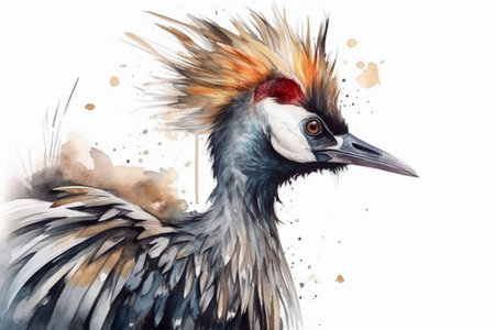crowned crane on a white background, watercolor style, Generative AIの素材