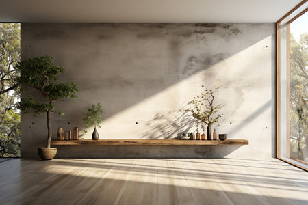 Modern contemporary empty hall with nature overlooking the living room behind the room ., Generative AIの素材