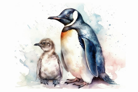 penguin and little penguin on a white background, watercolor style, Generative AIの素材