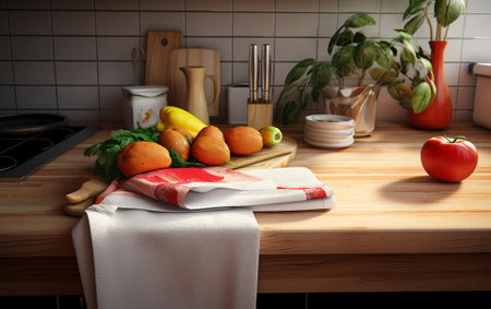 kitchen towels and apples on the table, Generative AIの素材