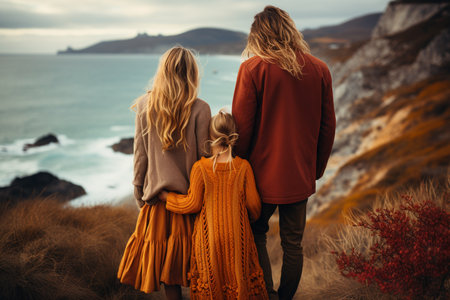 couple with a child on the shore in autumn with their back to the frame, Generative AIの素材