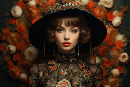 fashion woman in a black dress with embroidery and a black hat, flowers around, Generative AIの素材