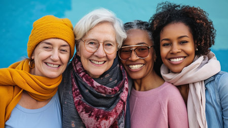 multiethnic group of smiling women showing different types of beauty, Generative AIの素材