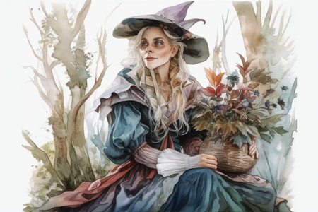 woman in the forest, forest witch, watercolor., Generative AIの素材