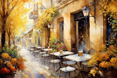 Summer street cafe, tables on the street without people, many flowers, watercolor style, Generative AIの素材