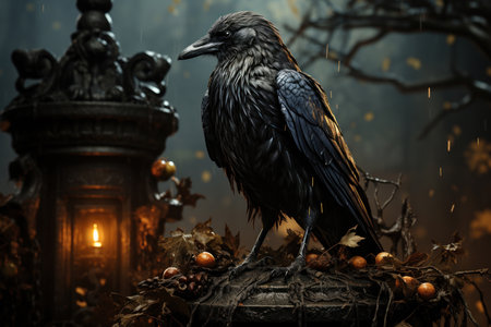 a black raven standing on a tombstone in glowy moonlight, Generative AIの素材