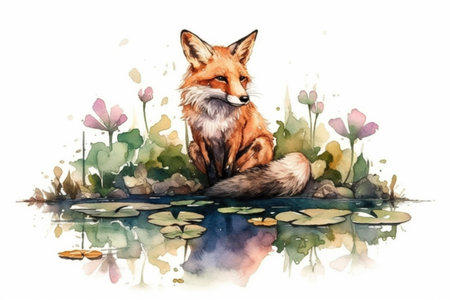fox near the water and butterflies around, watercolor style, Generative AIの素材