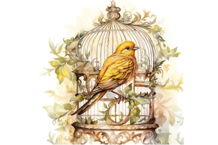canaries in cage illustration, watercolor style, Generative AIの素材