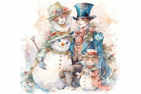 christmas card with snowman family
, watercolor style, Generative AIの素材