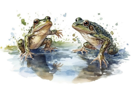 two frogs play frolic, jump on a white background
  watercolor style, Generative AIの素材