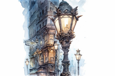 evening city and beautiful old lanterns on the street, illustration
, watercolor style, Generative AIの素材