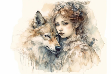 girl with wolf portrait, illustration
, watercolor style, Generative AIの素材