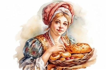 woman in ancient folk costume and baked bread, baker, illustration, watercolor style, Generative AIの素材