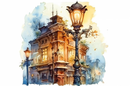 evening city and beautiful old lanterns on the street, illustration
, watercolor style, Generative AIの素材