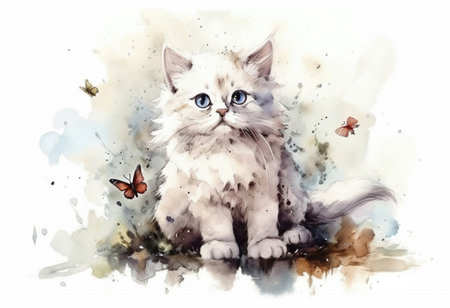 cute white kitten on a white background and butterflies around
, watercolor painting , Generative AIの素材