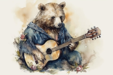 bear with guitar, watercolor, illustration
, watercolor style, Generative AIの素材