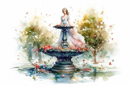 girl in a dress near a fountain and flowers, spring, watercolor, illustration
, watercolor style, Generative AIの素材