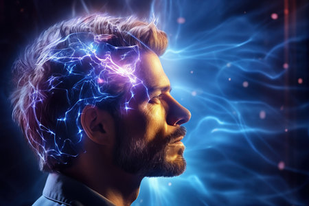 Close up portrait of a man from the side in profile during the thought process. The concept of intelligence, brain work, copy space,
    Generative AIの素材