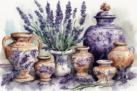 Still life with vases and lavender on a white background, watercolor, watercolor style, Generative AIの素材