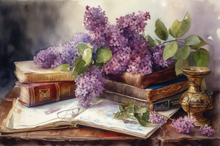 still life with books and lilacs
, watercolor painting , Generative AIの素材