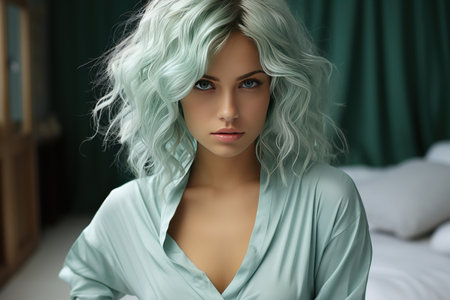 girl in mint-colored clothes with mint-colored hair, Generative AIの素材