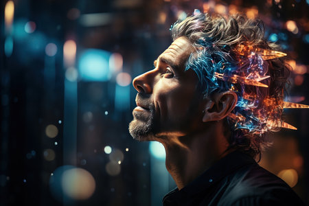 Close up portrait of a man from the side in profile during the thought process. The concept of intelligence, brain work, copy space,
    Generative AIの素材