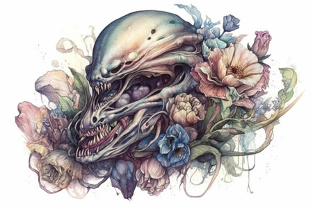 Alien and flowers, romantic alien in love, watercolor style, Generative AIの素材