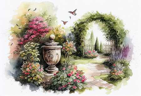 Watercolor drawing of spring park with trees and flowers, watercolor style, Generative AIjapanese painting styleの素材