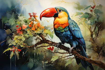 A toucan in the wild tropical forest, dynamic, watercolor, colorful,,
  Generative AIの素材