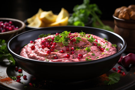 Red beetroot humus with fresh vegetables, healthy vegetable dish,
  Generative AIの素材
