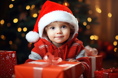 baby boy in a Christmas hat with gifts at Christmas,
  Generative AIの素材