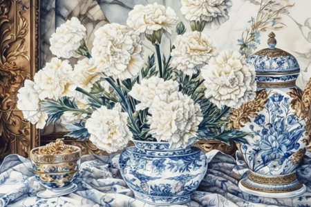 white carnations in a vase english blue porcelain still life
, watercolor style, Generative AIの素材