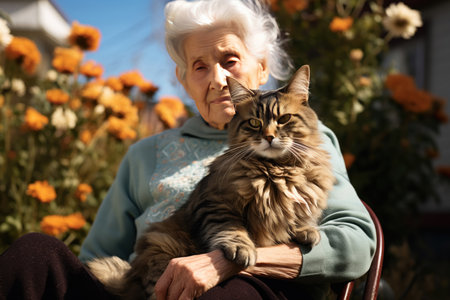 Elderly woman with a cat in the garden on a summer day,
  Generative AIの素材