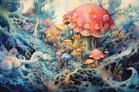 fantasy forest with big mushrooms
, watercolor style, Generative AIの素材