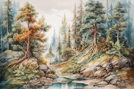 landscape with pine trees with rocks and stones, Karelia
, watercolor style, Generative AIの素材