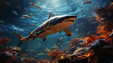sharks under water.,
  Generative AIの素材